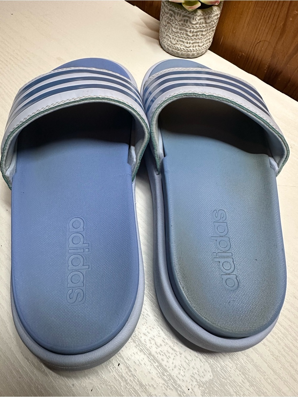 adidas Light Blue Striped Slide Sandals - Picture 4 of 15